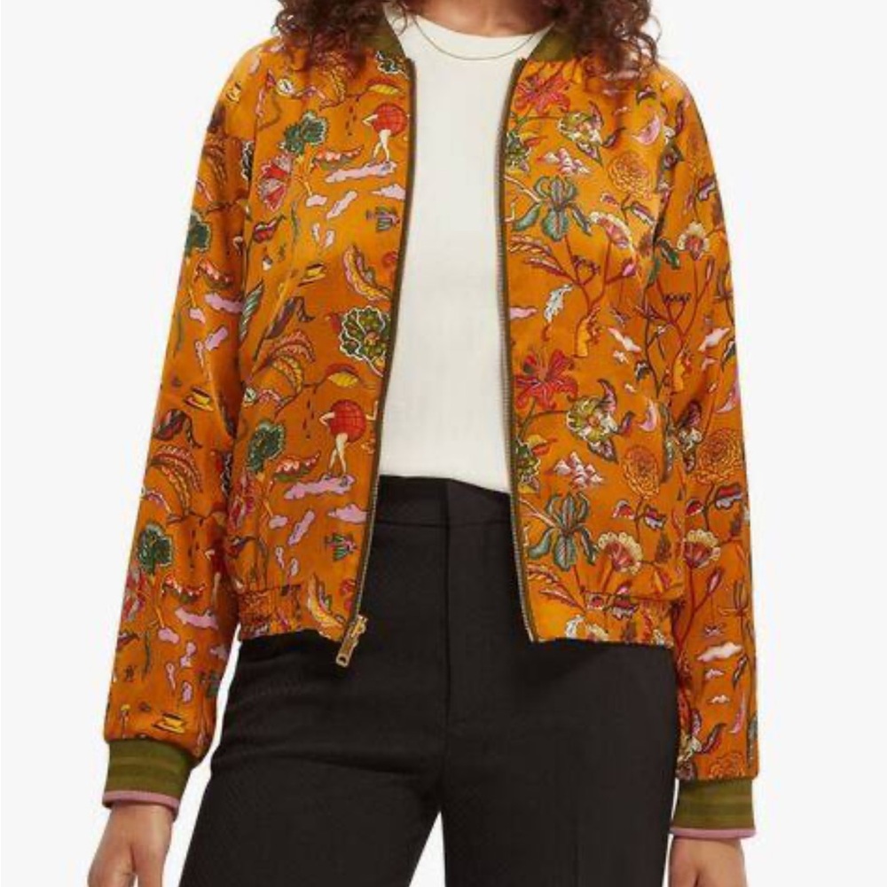 Scotch & Soda Reversible Orange Floral Bomber Jacket Women’s XL Satin wave